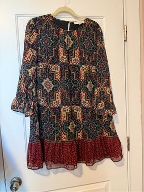 LOFT Geometric Floral Long Sleeve Holiday Dress